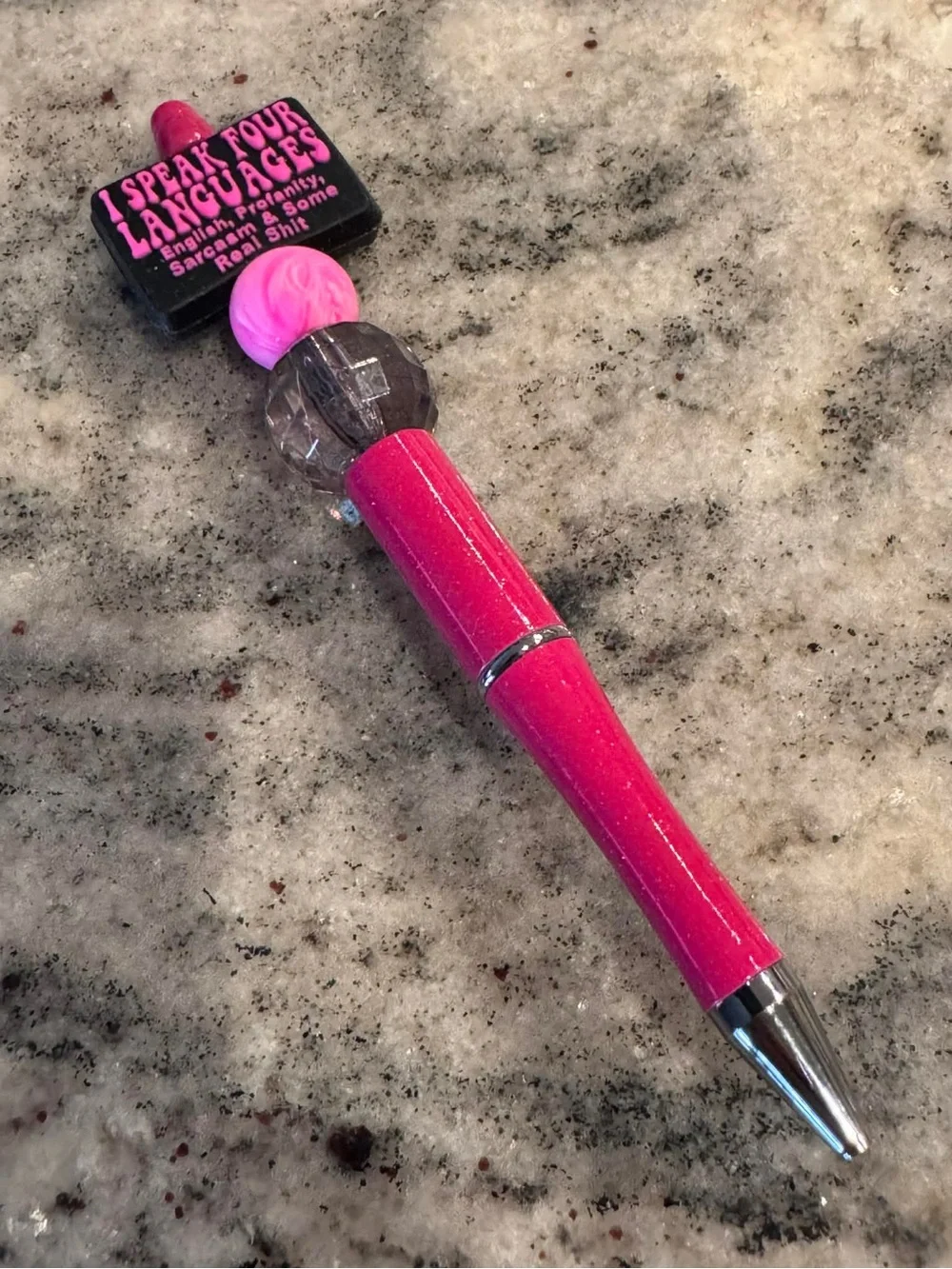 Hand Crafted Hot Pink Glitter Statement Pen with Beaded Top